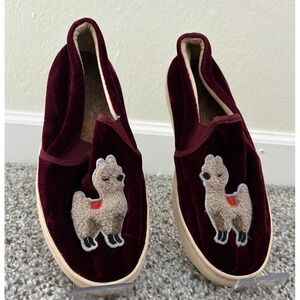 Soludos Anthropologie Shoes 7.5 Burgundy Llama Velvet Loafers Whimsical Quirky